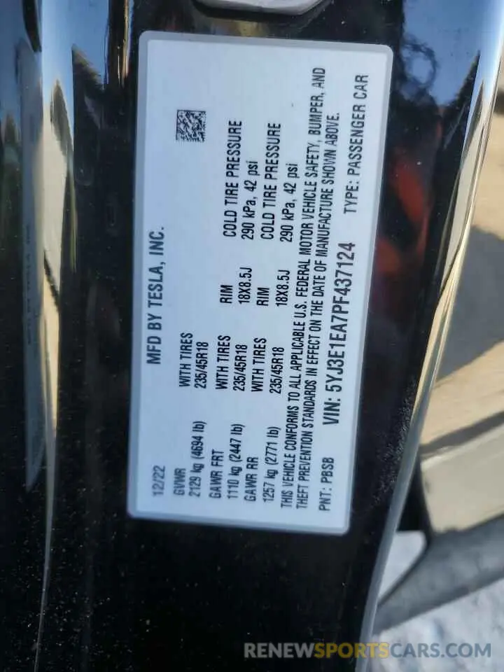 12 fotografías del automóvil dañado 5YJ3E1EA7PF437124 TESLA MODEL 3 2023