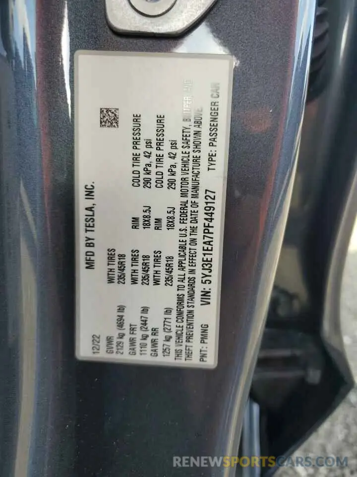 12 fotografías del automóvil dañado 5YJ3E1EA7PF449127 TESLA MODEL 3 2023