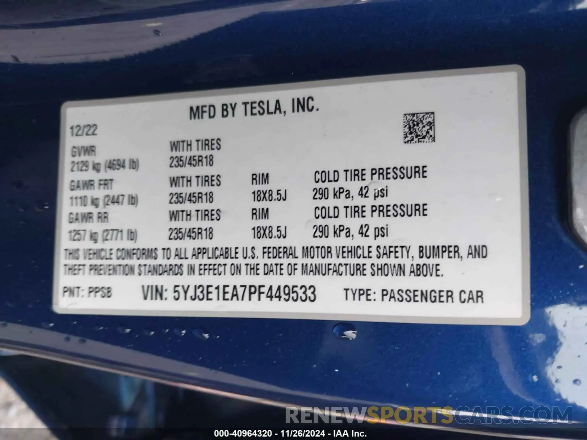 9 fotografías del automóvil dañado 5YJ3E1EA7PF449533 TESLA MODEL 3 2023
