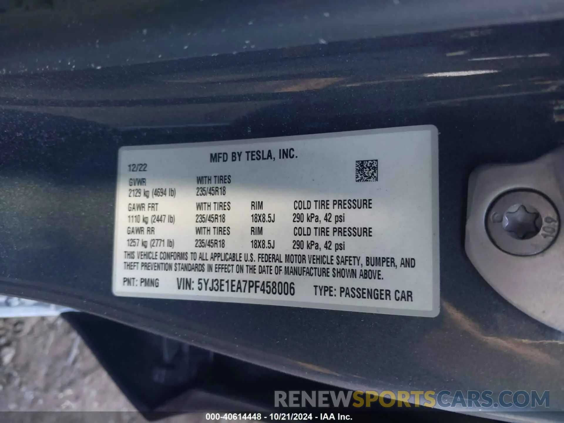 9 fotografías del automóvil dañado 5YJ3E1EA7PF458006 TESLA MODEL 3 2023