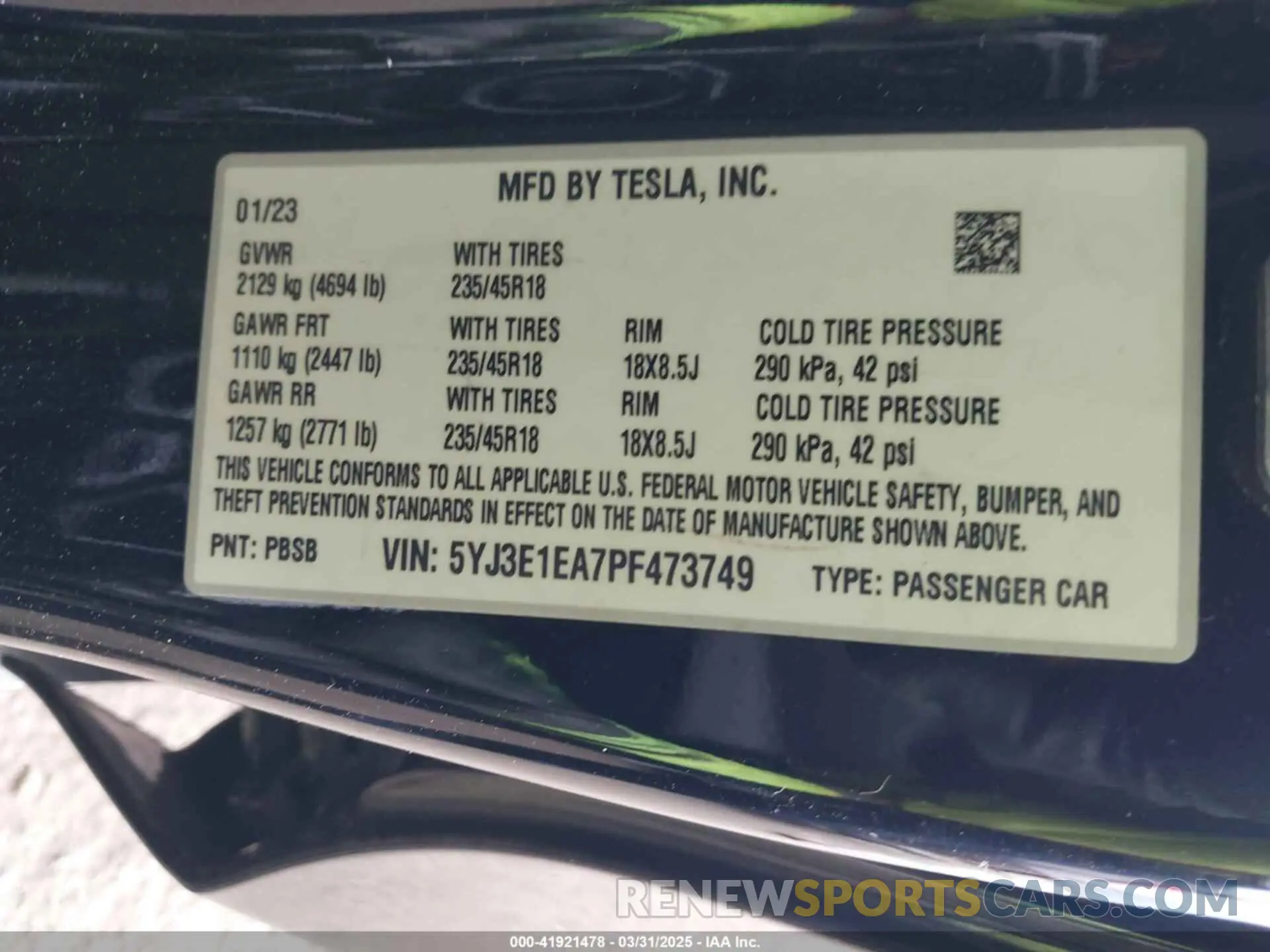 9 fotografías del automóvil dañado 5YJ3E1EA7PF473749 TESLA MODEL 3 2023