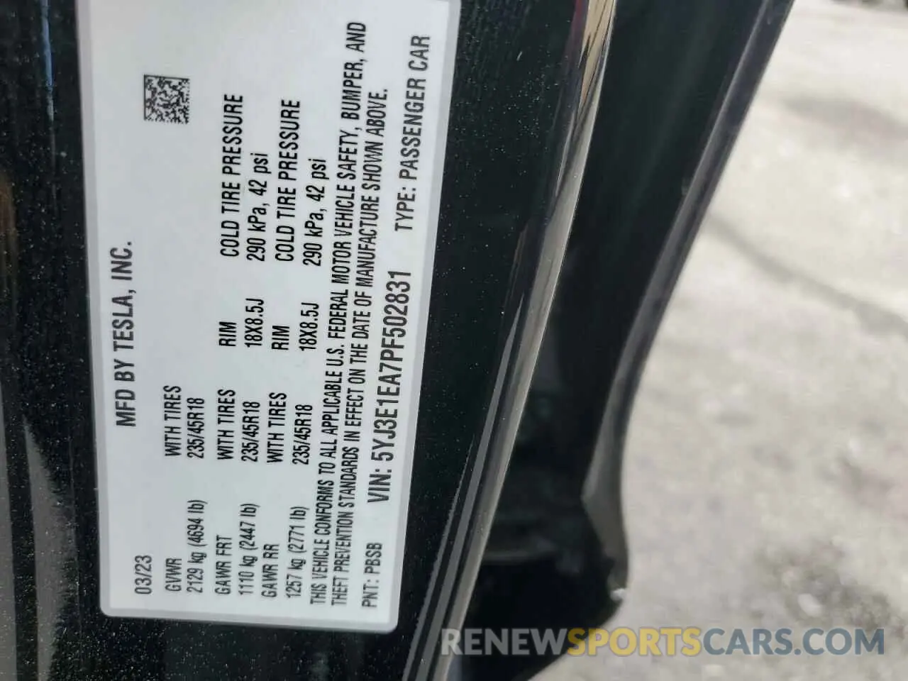 15 fotografías del automóvil dañado 5YJ3E1EA7PF502831 TESLA MODEL 3 2023