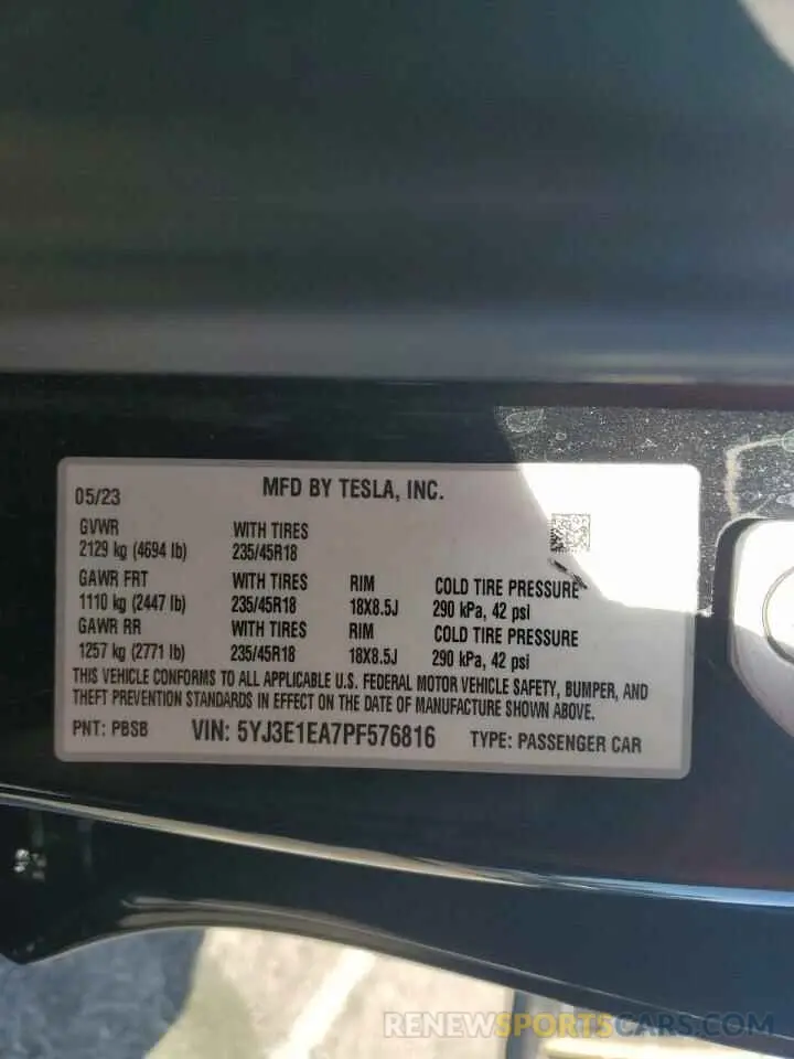 13 fotografías del automóvil dañado 5YJ3E1EA7PF576816 TESLA MODEL 3 2023