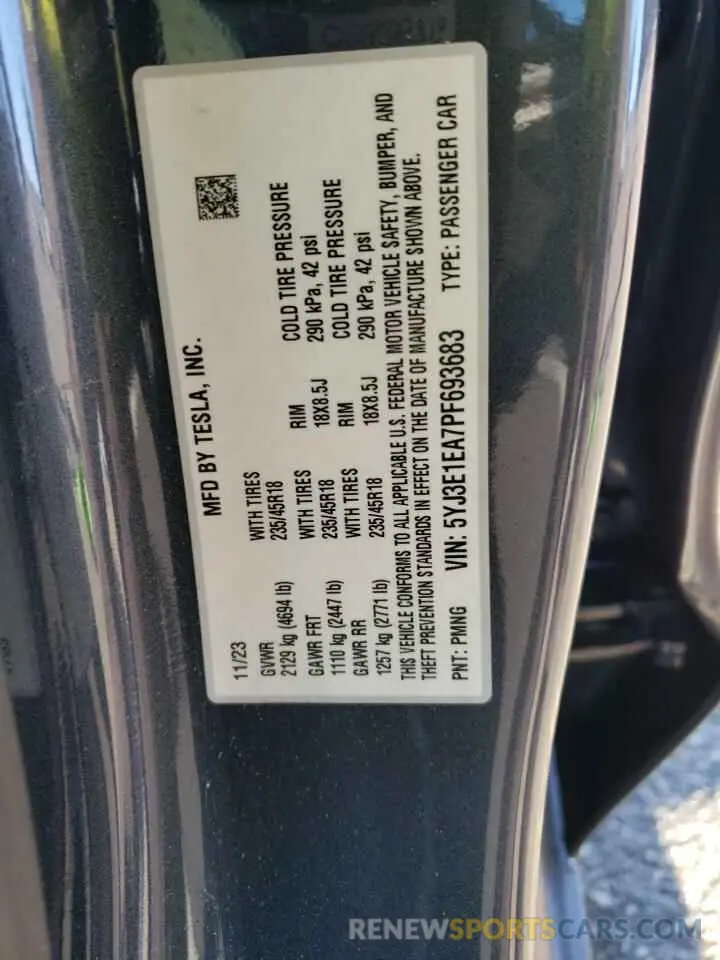 12 fotografías del automóvil dañado 5YJ3E1EA7PF693683 TESLA MODEL 3 2023
