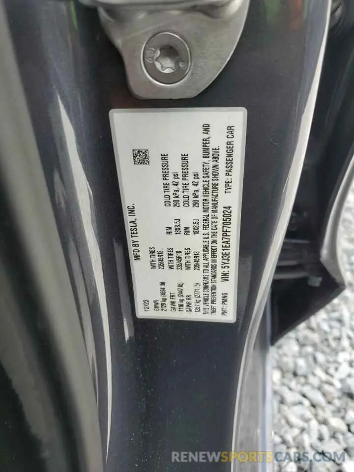 14 fotografías del automóvil dañado 5YJ3E1EA7PF705024 TESLA MODEL 3 2023