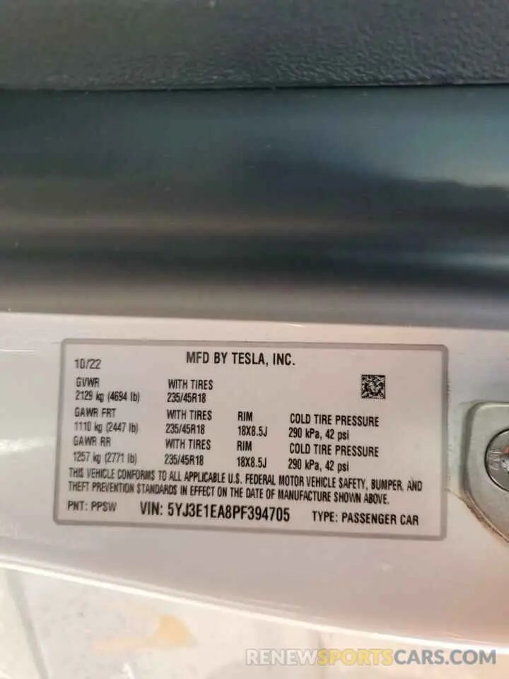 12 fotografías del automóvil dañado 5YJ3E1EA8PF394705 TESLA MODEL 3 2023