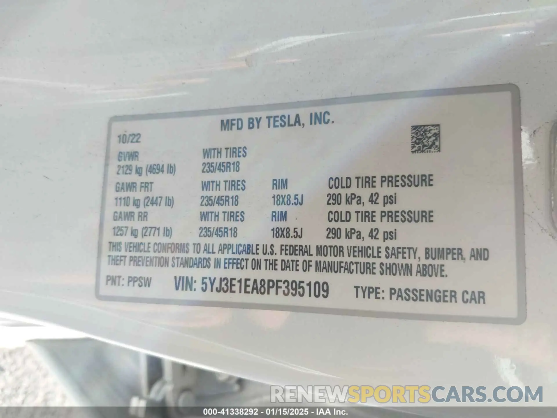 9 fotografías del automóvil dañado 5YJ3E1EA8PF395109 TESLA MODEL 3 2023