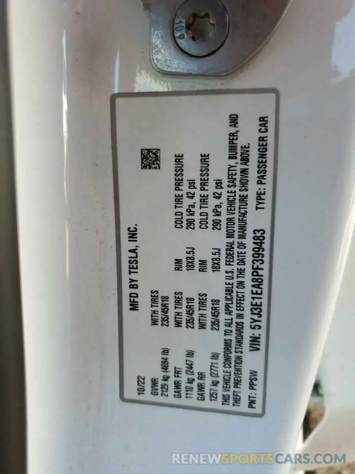 13 fotografías del automóvil dañado 5YJ3E1EA8PF399483 TESLA MODEL 3 2023