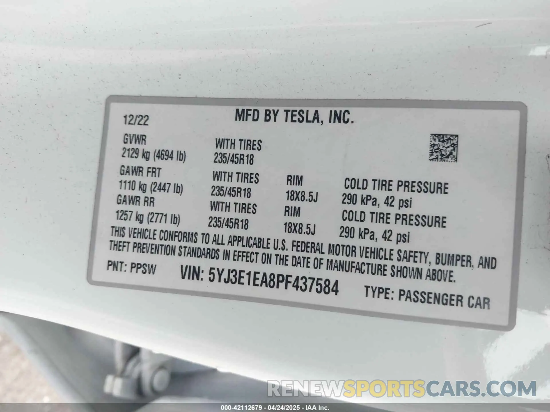 9 fotografías del automóvil dañado 5YJ3E1EA8PF437584 TESLA MODEL 3 2023