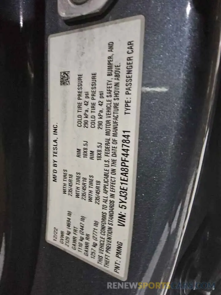 8 fotografías del automóvil dañado 5YJ3E1EA8PF447841 TESLA MODEL 3 2023