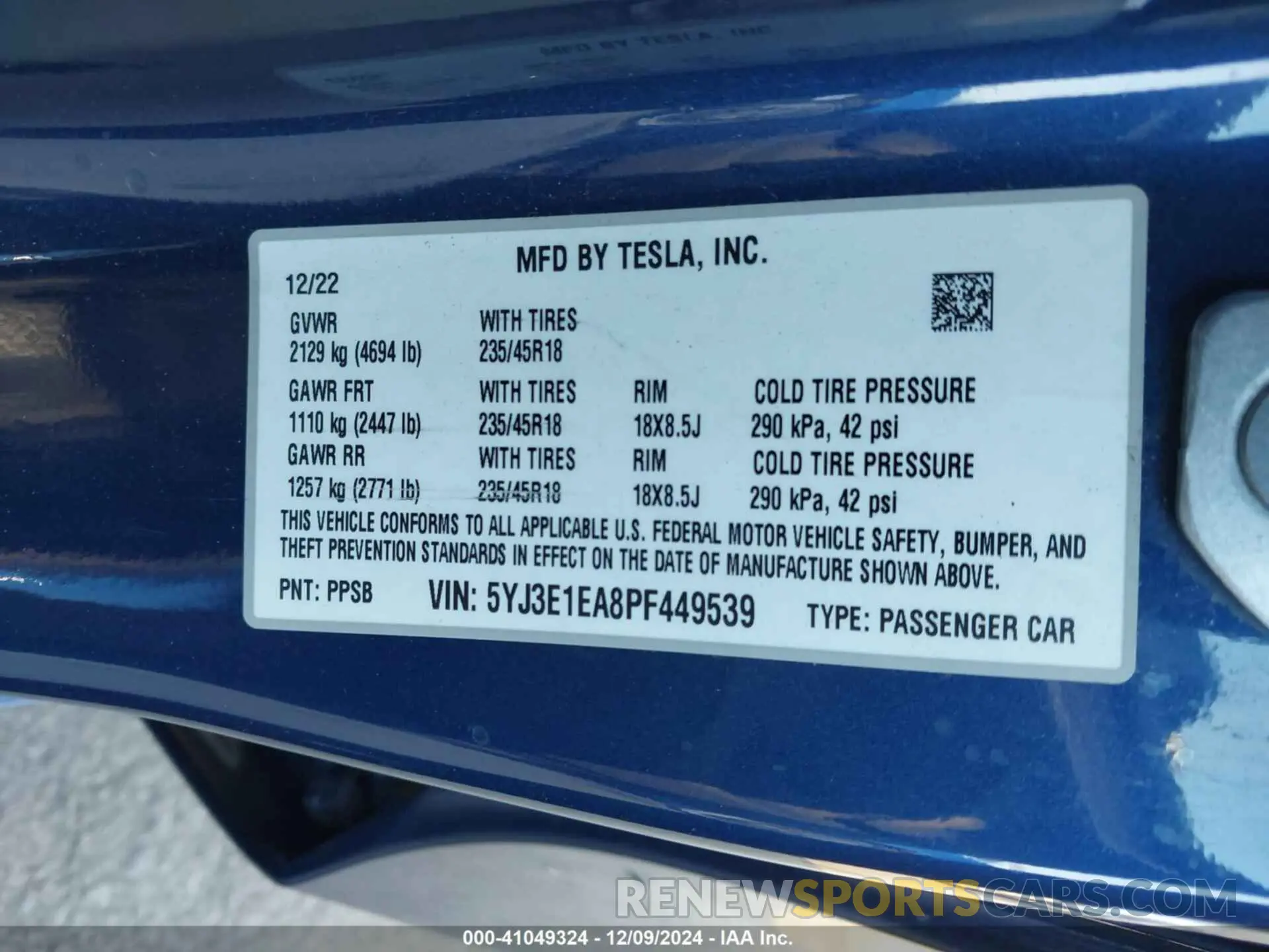 9 fotografías del automóvil dañado 5YJ3E1EA8PF449539 TESLA MODEL 3 2023