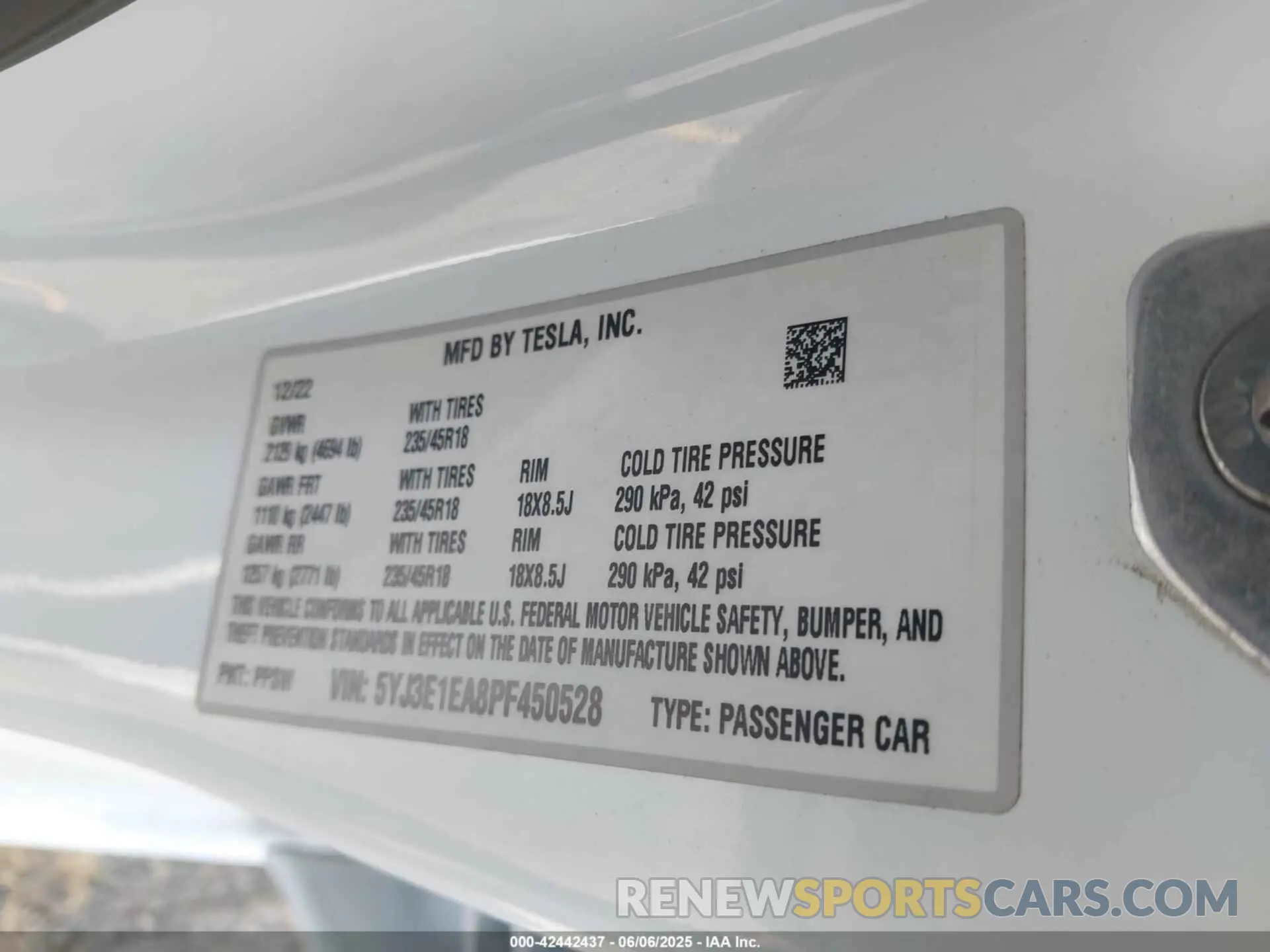 9 fotografías del automóvil dañado 5YJ3E1EA8PF450528 TESLA MODEL 3 2023