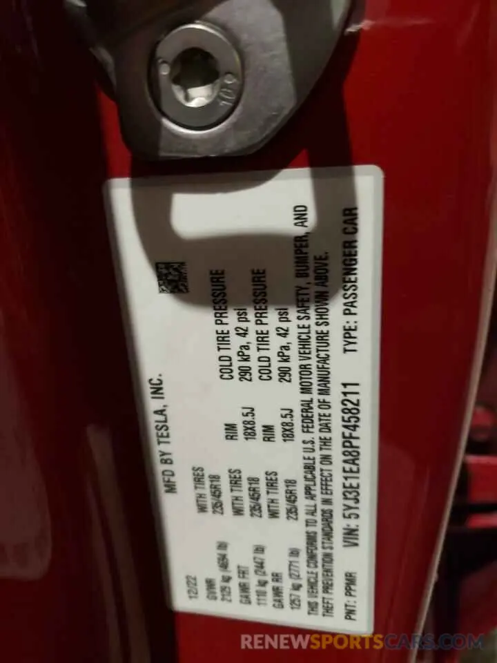 13 fotografías del automóvil dañado 5YJ3E1EA8PF458211 TESLA MODEL 3 2023