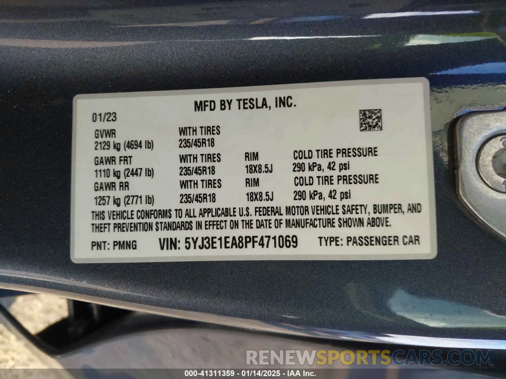 9 fotografías del automóvil dañado 5YJ3E1EA8PF471069 TESLA MODEL 3 2023