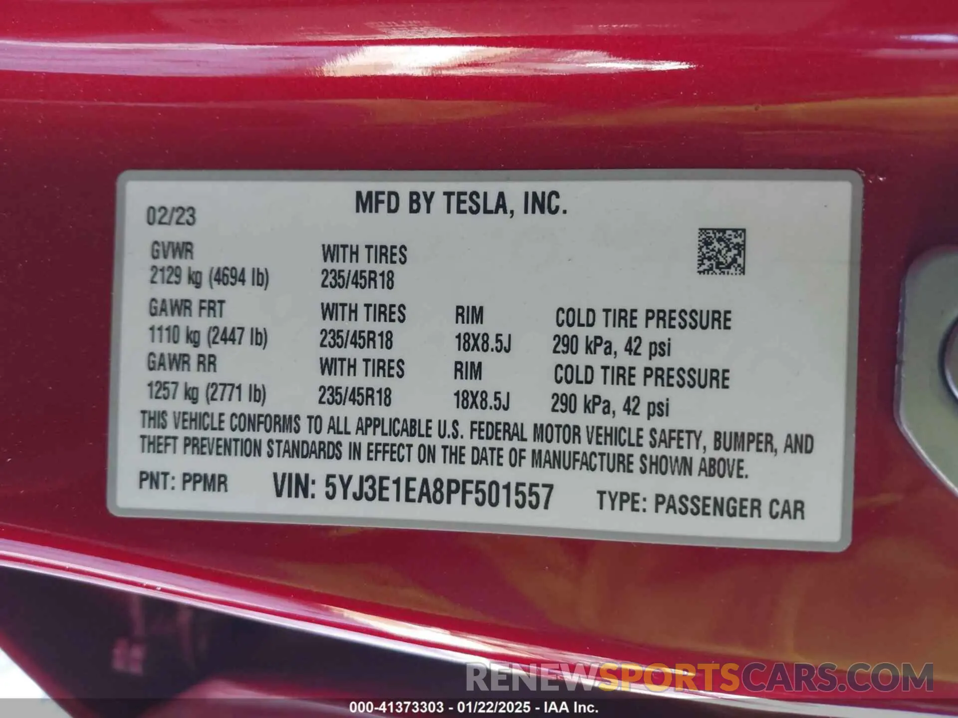 9 fotografías del automóvil dañado 5YJ3E1EA8PF501557 TESLA MODEL 3 2023