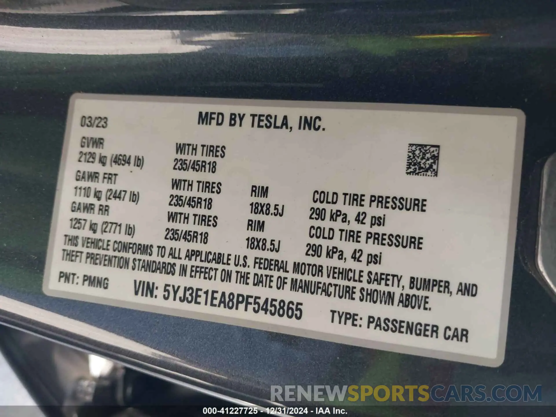 9 fotografías del automóvil dañado 5YJ3E1EA8PF545865 TESLA MODEL 3 2023
