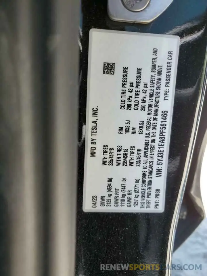 13 fotografías del automóvil dañado 5YJ3E1EA8PF561466 TESLA MODEL 3 2023