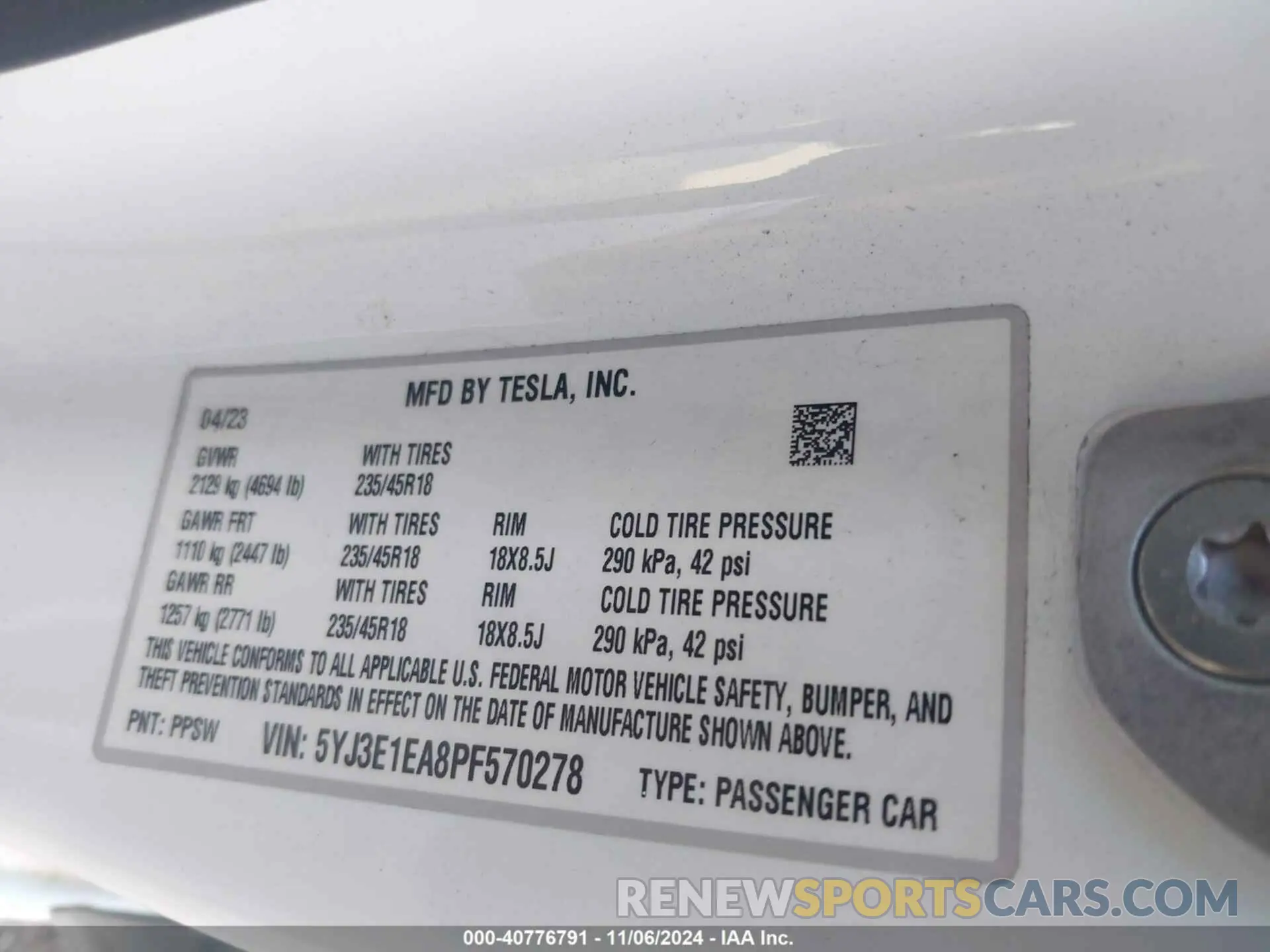 9 fotografías del automóvil dañado 5YJ3E1EA8PF570278 TESLA MODEL 3 2023
