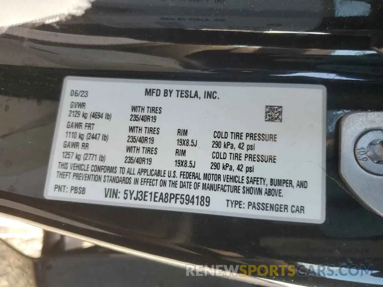 12 fotografías del automóvil dañado 5YJ3E1EA8PF594189 TESLA MODEL 3 2023