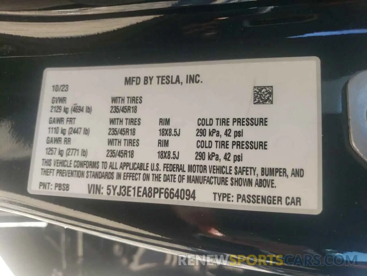 13 fotografías del automóvil dañado 5YJ3E1EA8PF664094 TESLA MODEL 3 2023