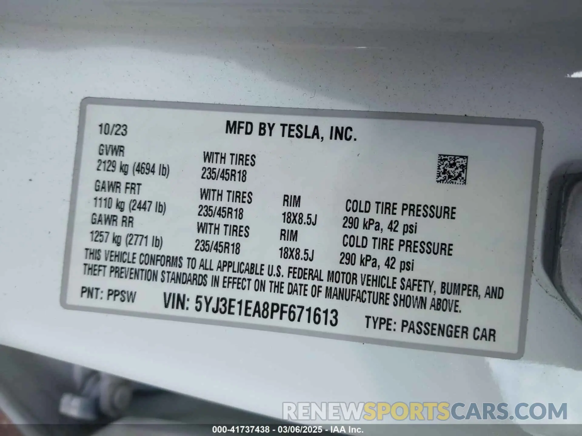 9 fotografías del automóvil dañado 5YJ3E1EA8PF671613 TESLA MODEL 3 2023