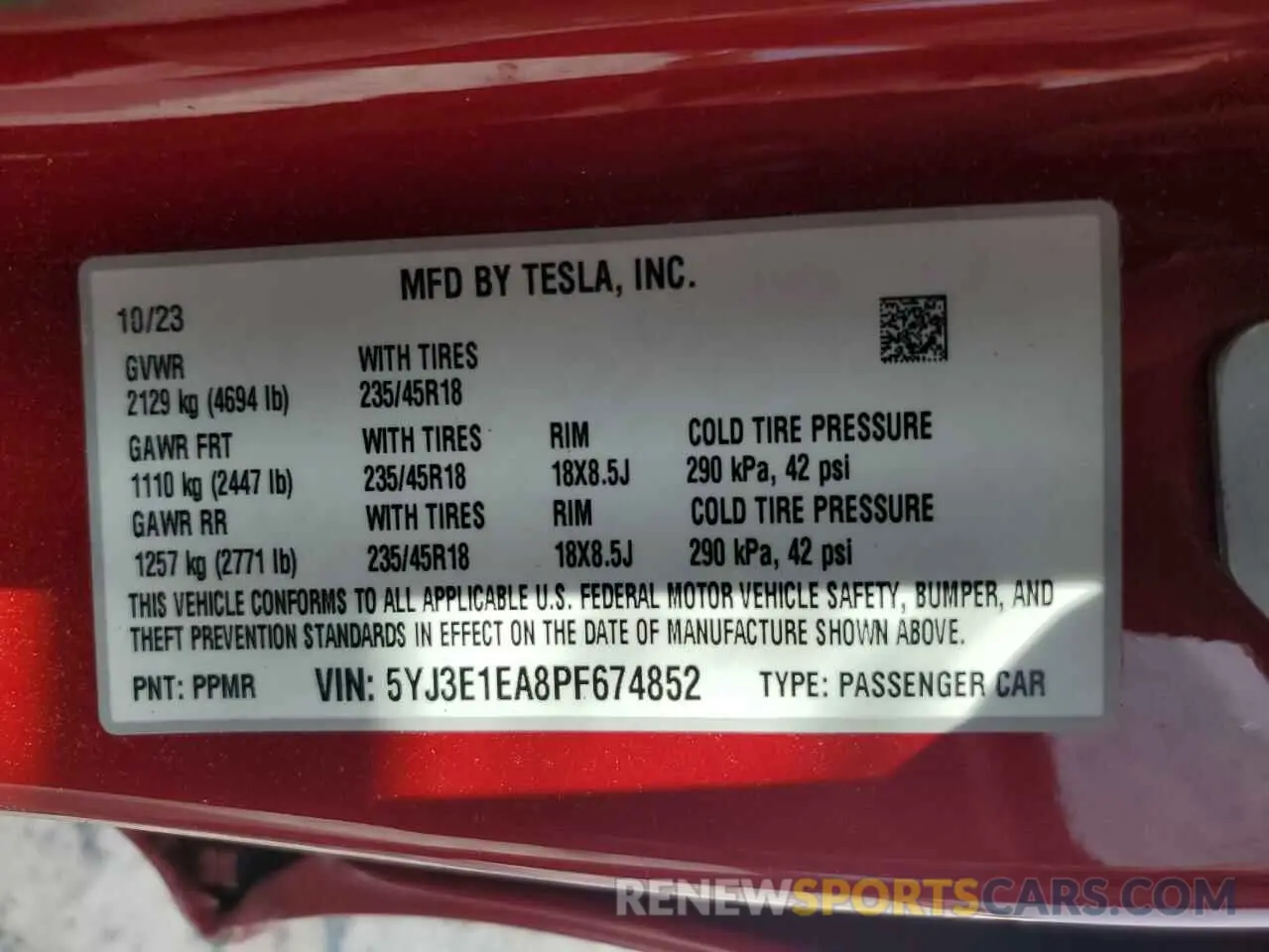 13 fotografías del automóvil dañado 5YJ3E1EA8PF674852 TESLA MODEL 3 2023