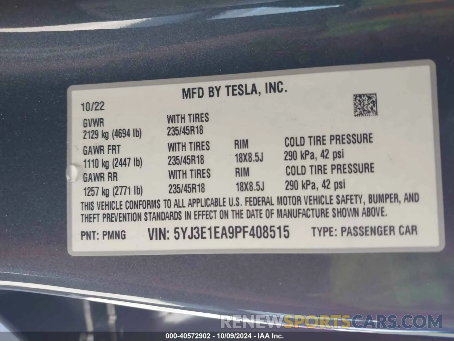 9 fotografías del automóvil dañado 5YJ3E1EA9PF408515 TESLA MODEL 3 2023