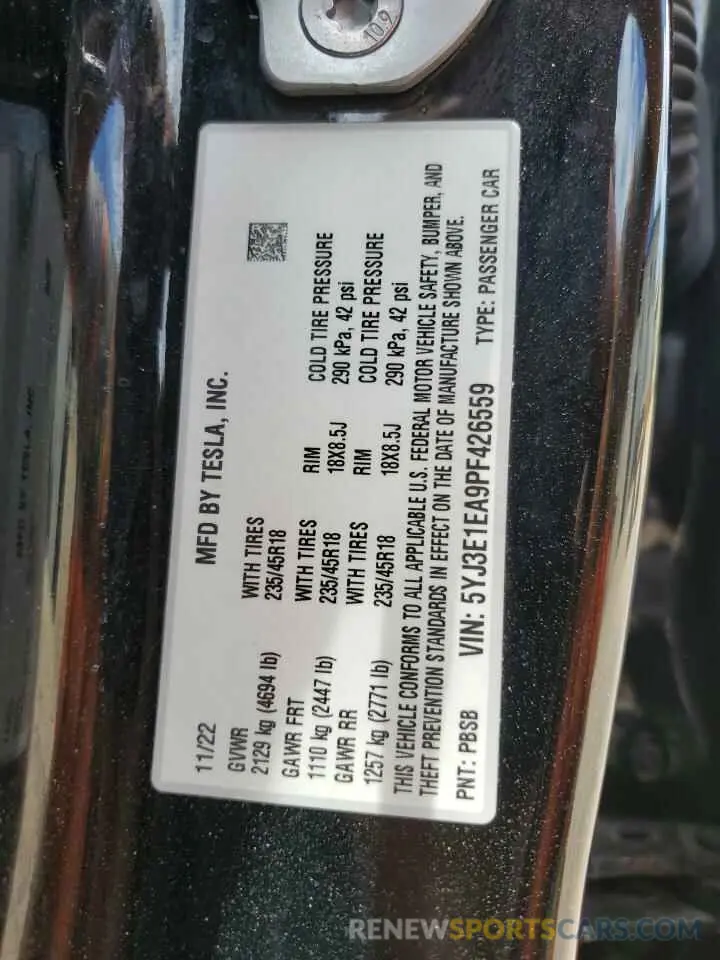 12 fotografías del automóvil dañado 5YJ3E1EA9PF426559 TESLA MODEL 3 2023