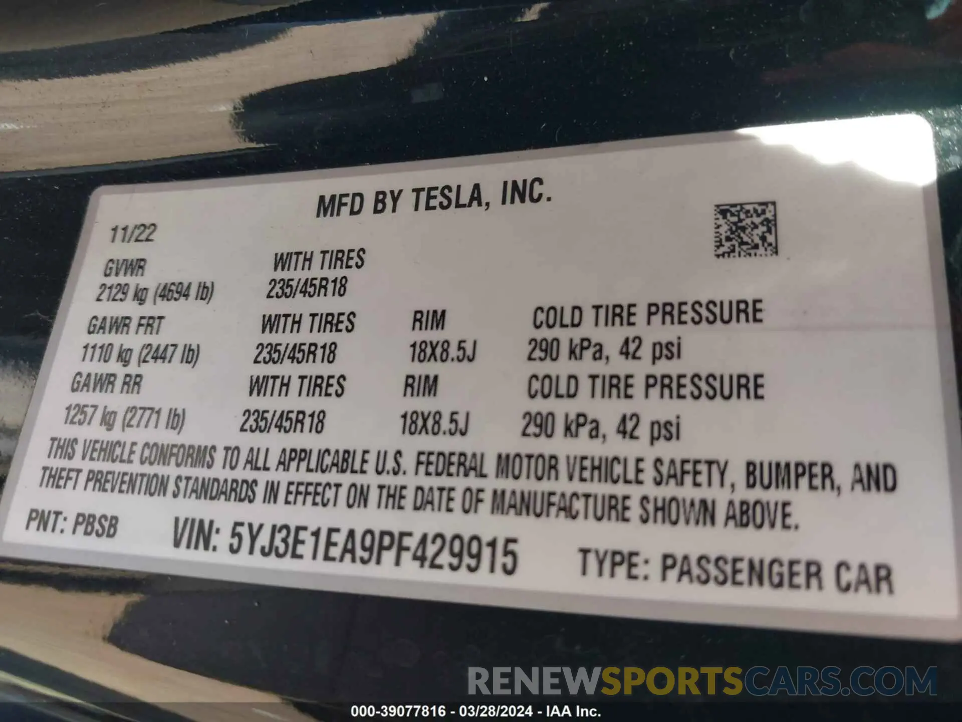 9 fotografías del automóvil dañado 5YJ3E1EA9PF429915 TESLA MODEL 3 2023