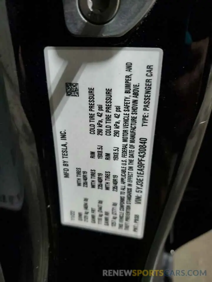 12 fotografías del automóvil dañado 5YJ3E1EA9PF430840 TESLA MODEL 3 2023