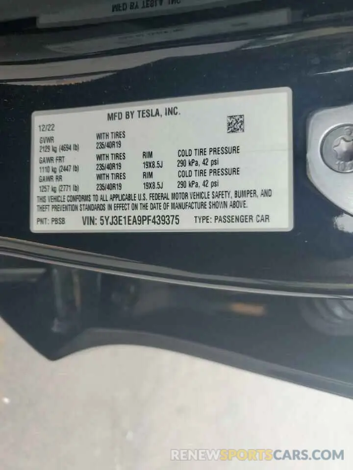 12 fotografías del automóvil dañado 5YJ3E1EA9PF439375 TESLA MODEL 3 2023