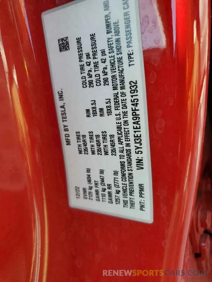 13 fotografías del automóvil dañado 5YJ3E1EA9PF451932 TESLA MODEL 3 2023