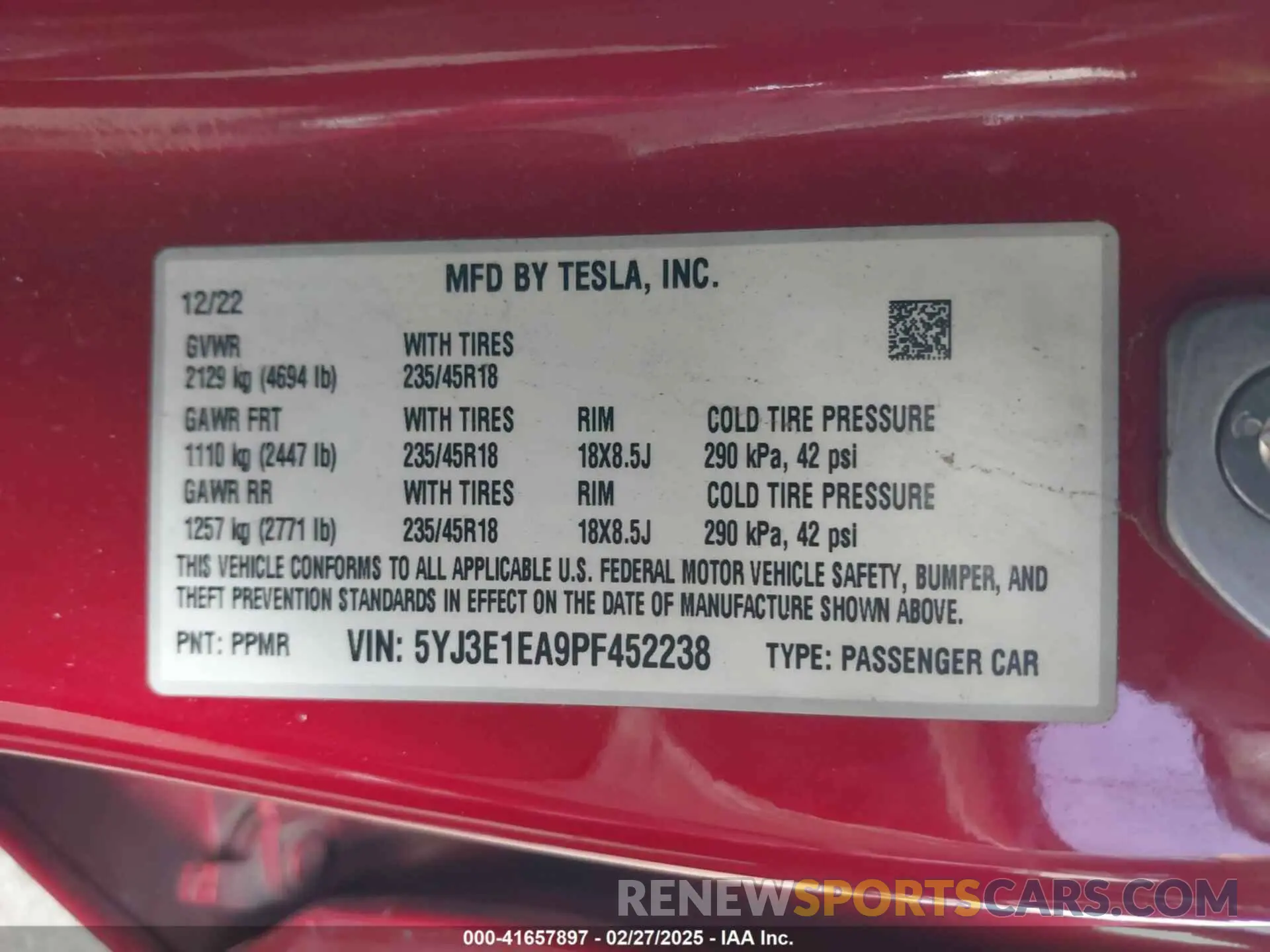 9 fotografías del automóvil dañado 5YJ3E1EA9PF452238 TESLA MODEL 3 2023