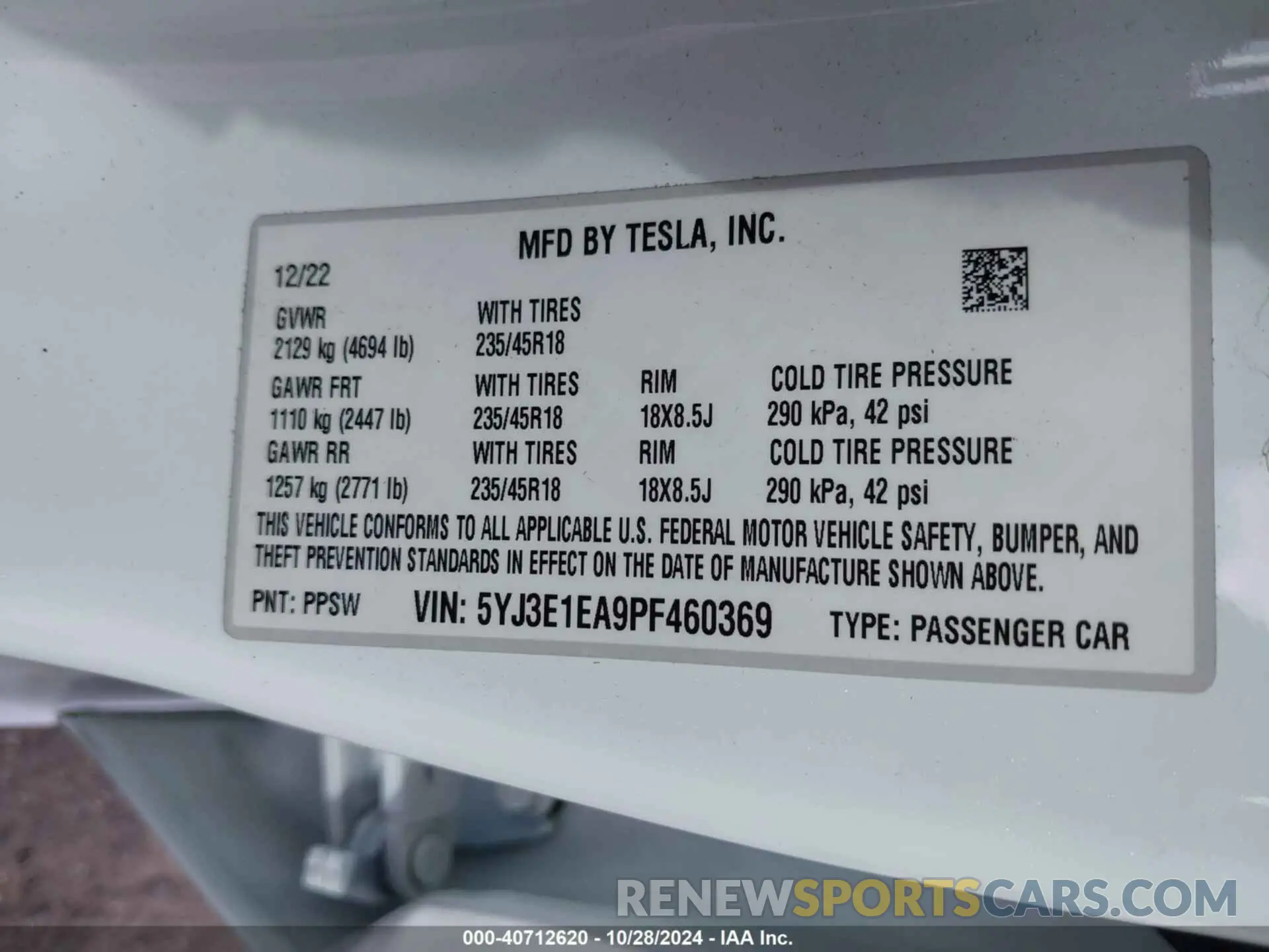 9 fotografías del automóvil dañado 5YJ3E1EA9PF460369 TESLA MODEL 3 2023