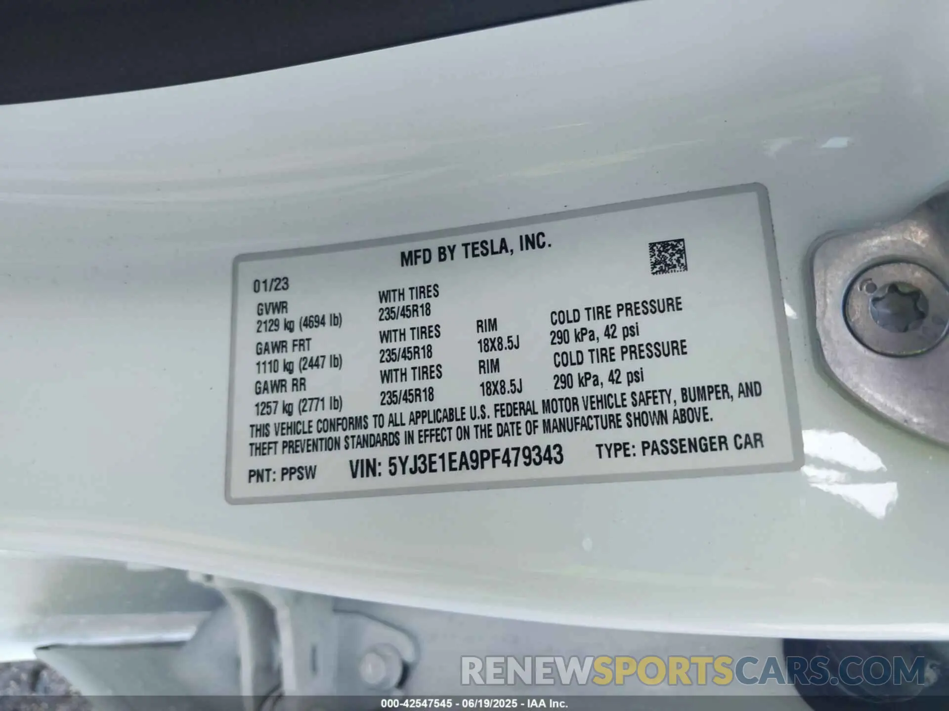 9 fotografías del automóvil dañado 5YJ3E1EA9PF479343 TESLA MODEL 3 2023