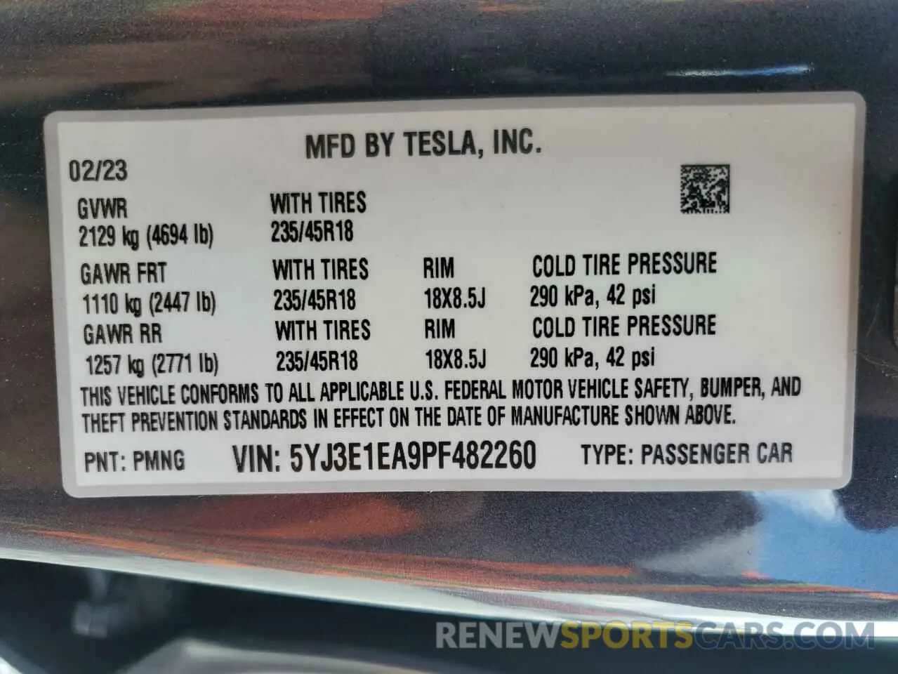 13 fotografías del automóvil dañado 5YJ3E1EA9PF482260 TESLA MODEL 3 2023
