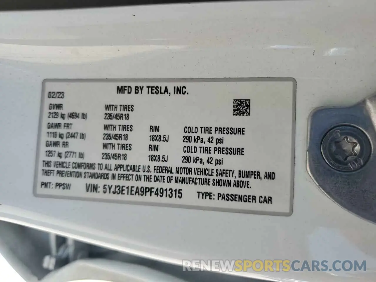 12 fotografías del automóvil dañado 5YJ3E1EA9PF491315 TESLA MODEL 3 2023