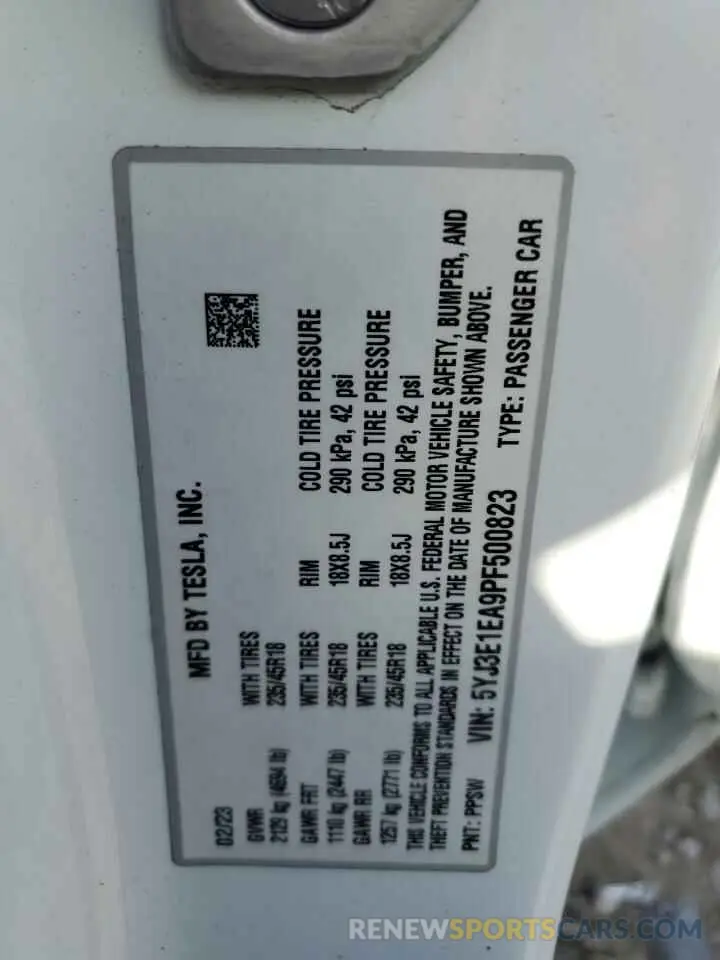 13 fotografías del automóvil dañado 5YJ3E1EA9PF500823 TESLA MODEL 3 2023
