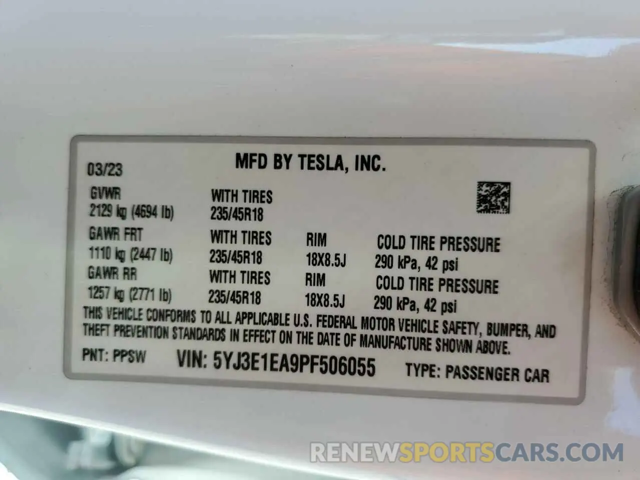 12 fotografías del automóvil dañado 5YJ3E1EA9PF506055 TESLA MODEL 3 2023