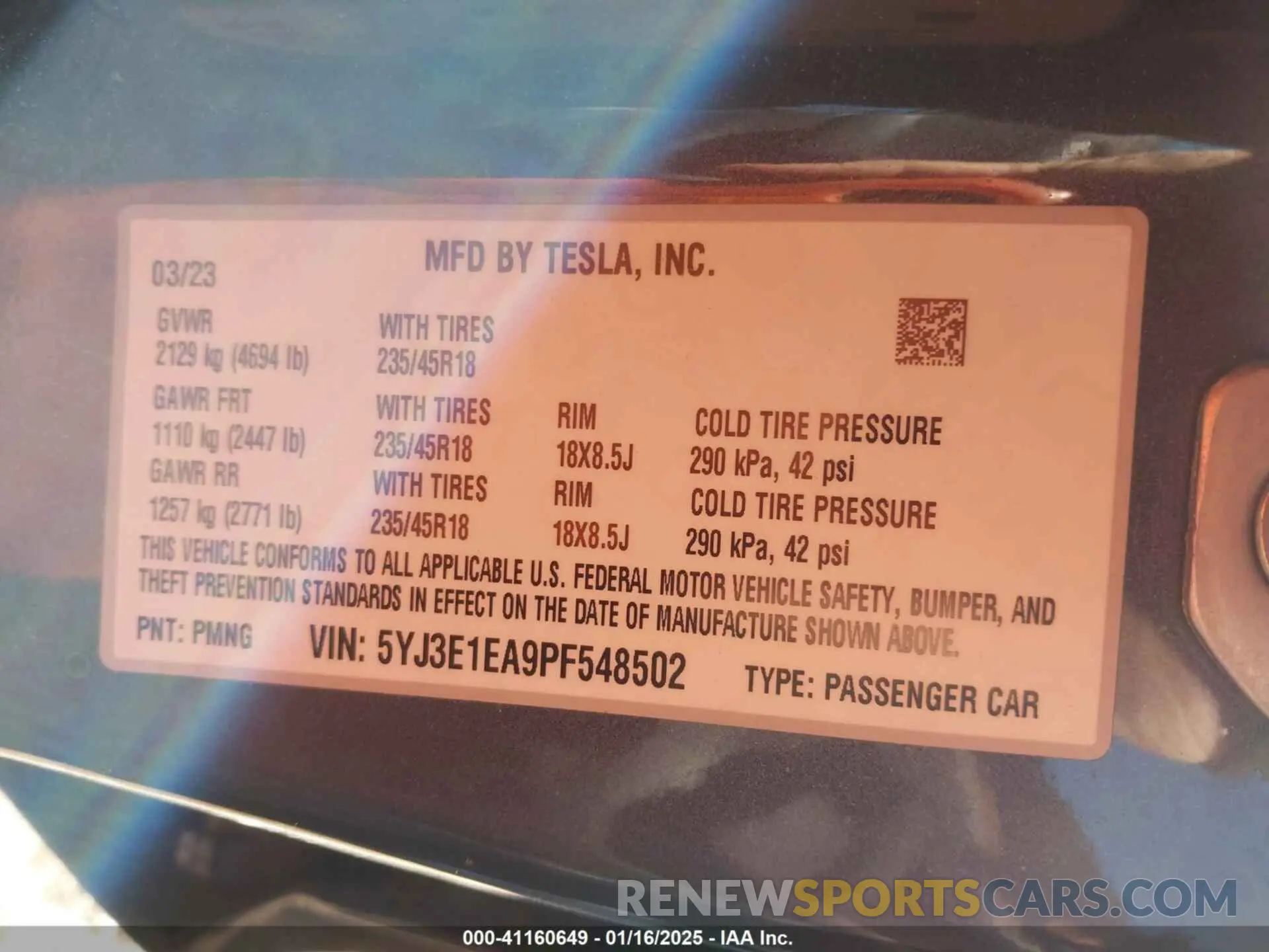 9 fotografías del automóvil dañado 5YJ3E1EA9PF548502 TESLA MODEL 3 2023