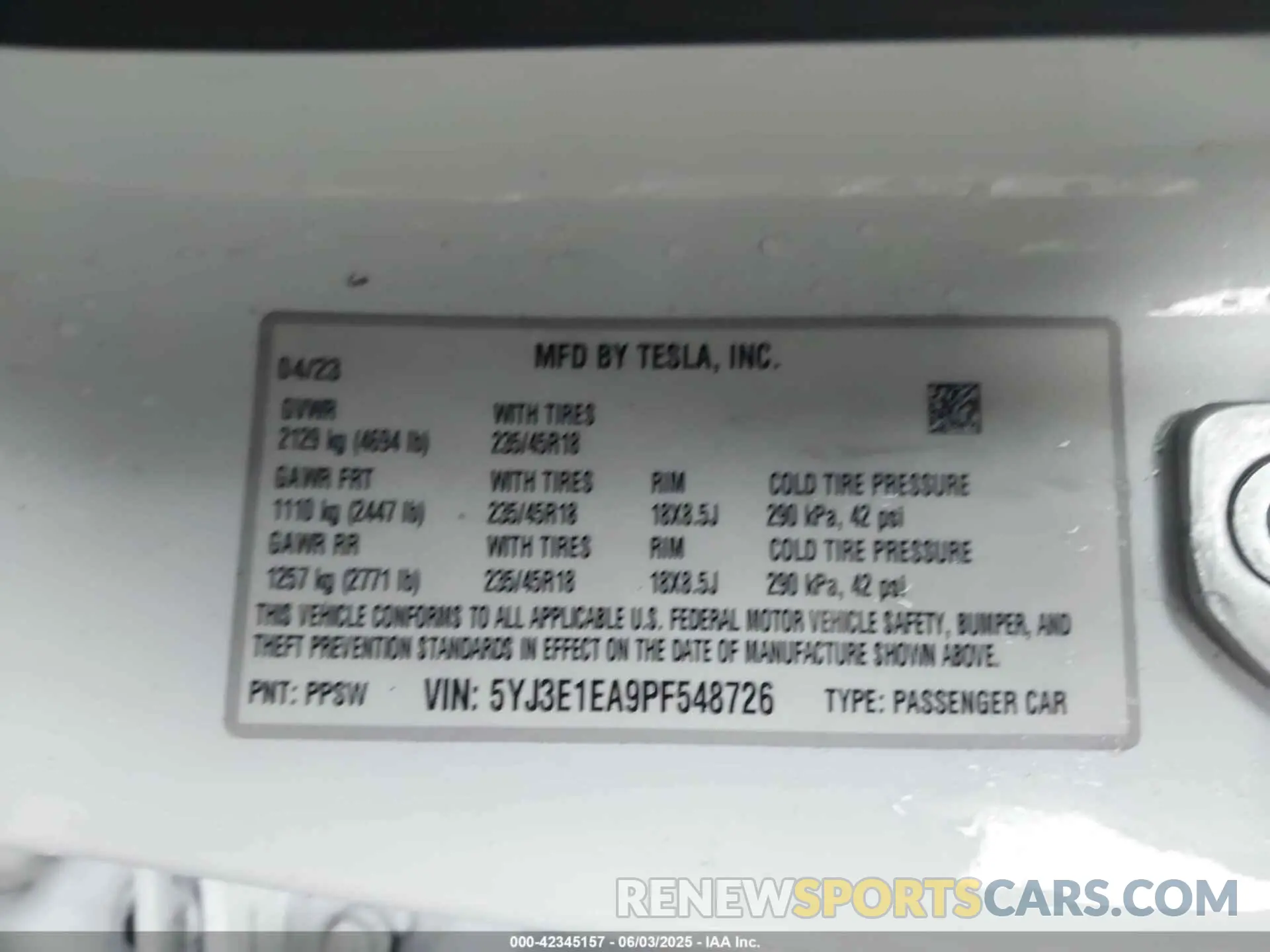 9 fotografías del automóvil dañado 5YJ3E1EA9PF548726 TESLA MODEL 3 2023