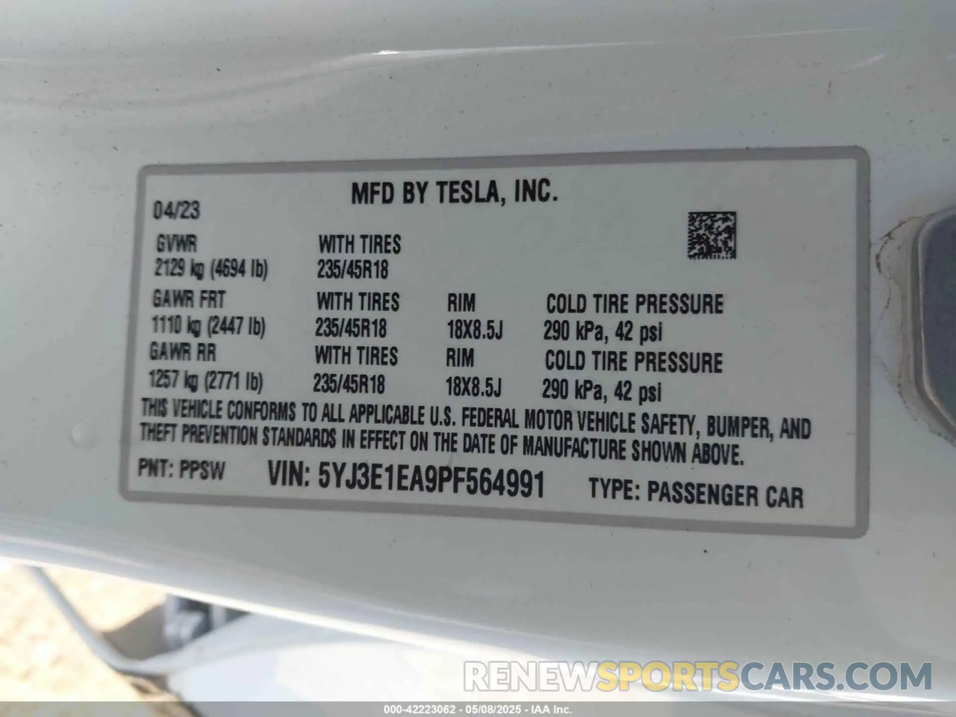 9 fotografías del automóvil dañado 5YJ3E1EA9PF564991 TESLA MODEL 3 2023