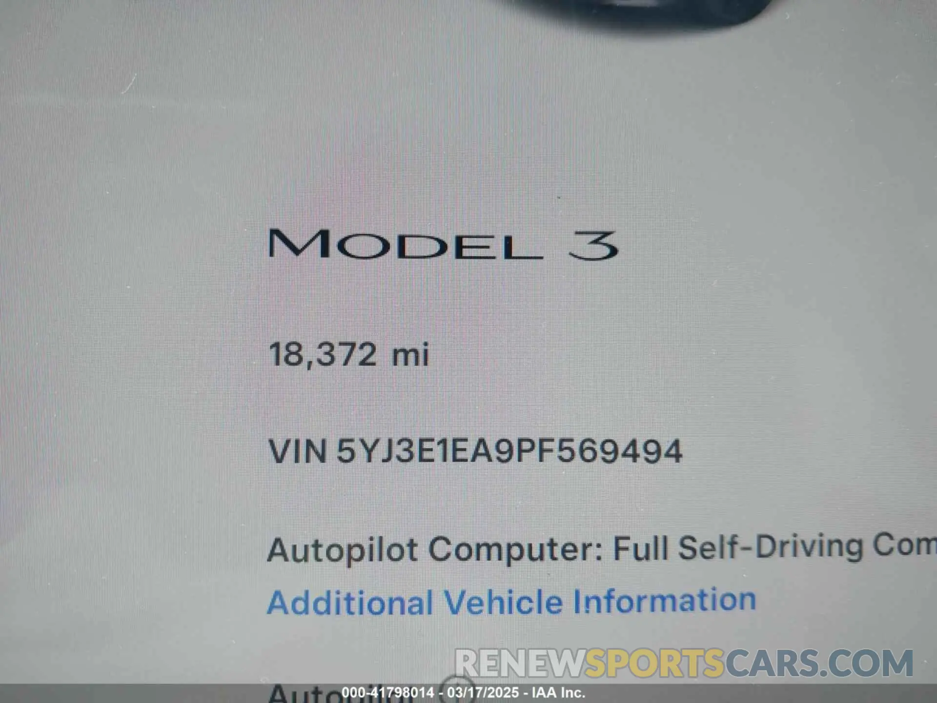 15 fotografías del automóvil dañado 5YJ3E1EA9PF569494 TESLA MODEL 3 2023