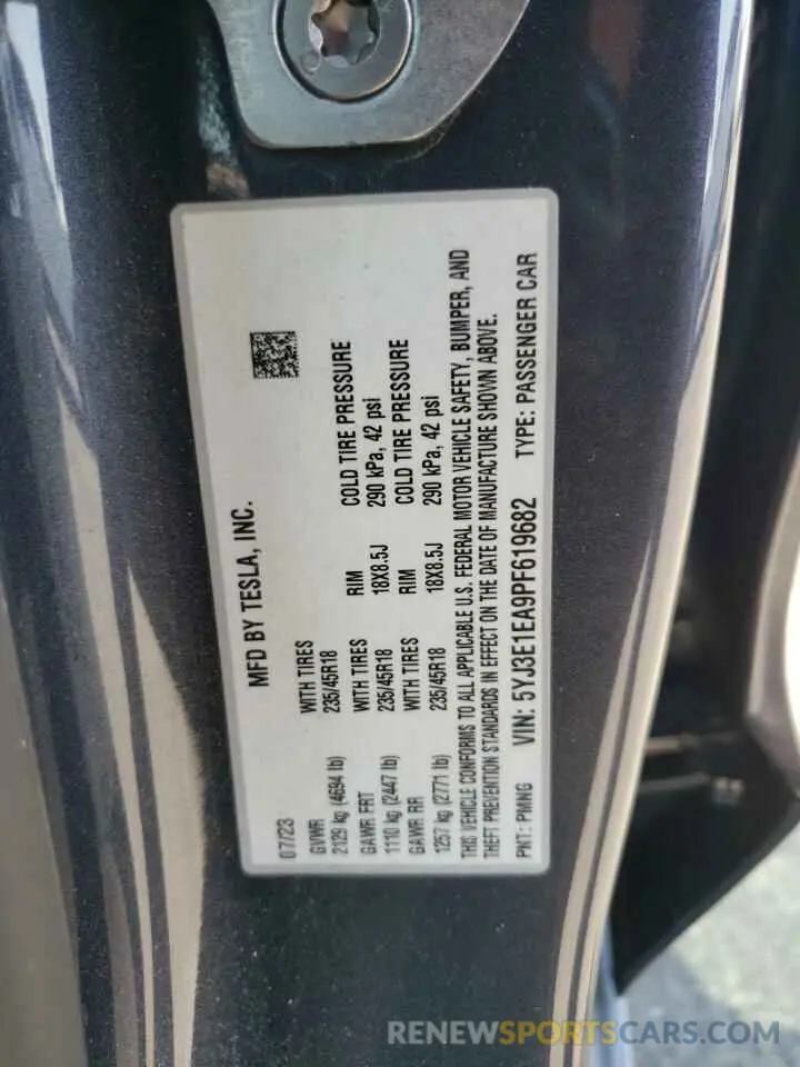 13 fotografías del automóvil dañado 5YJ3E1EA9PF619682 TESLA MODEL 3 2023