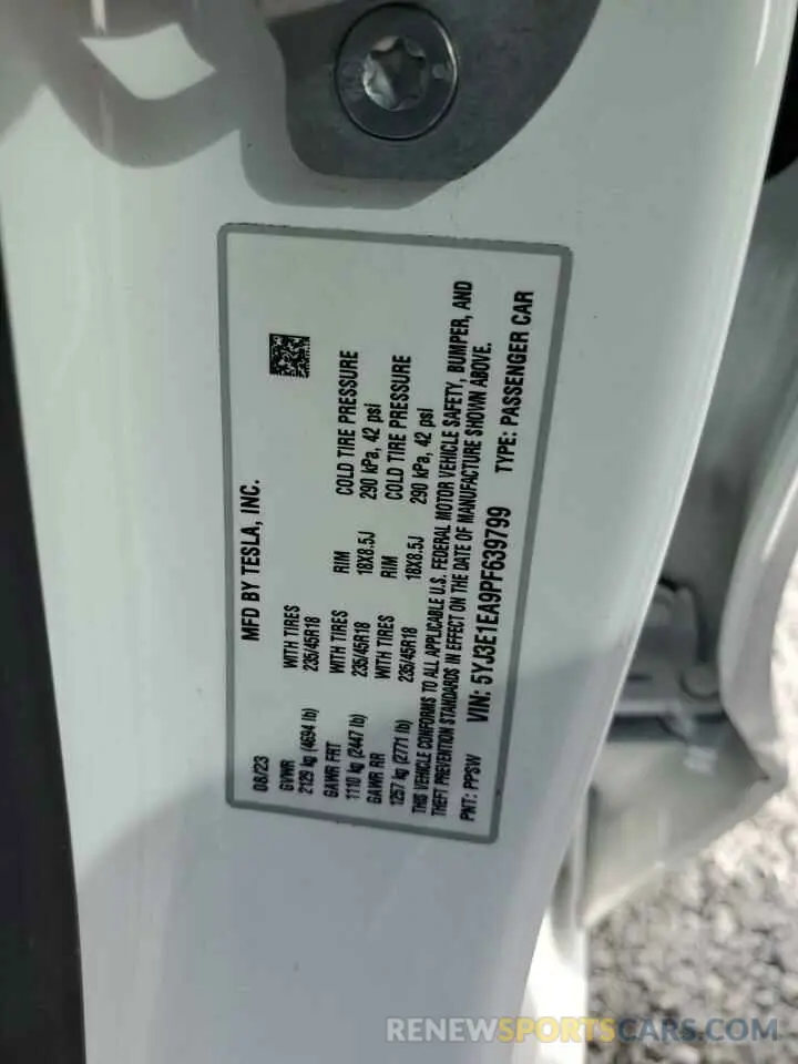 13 fotografías del automóvil dañado 5YJ3E1EA9PF639799 TESLA MODEL 3 2023