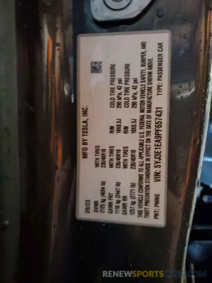 12 fotografías del automóvil dañado 5YJ3E1EA9PF657431 TESLA MODEL 3 2023