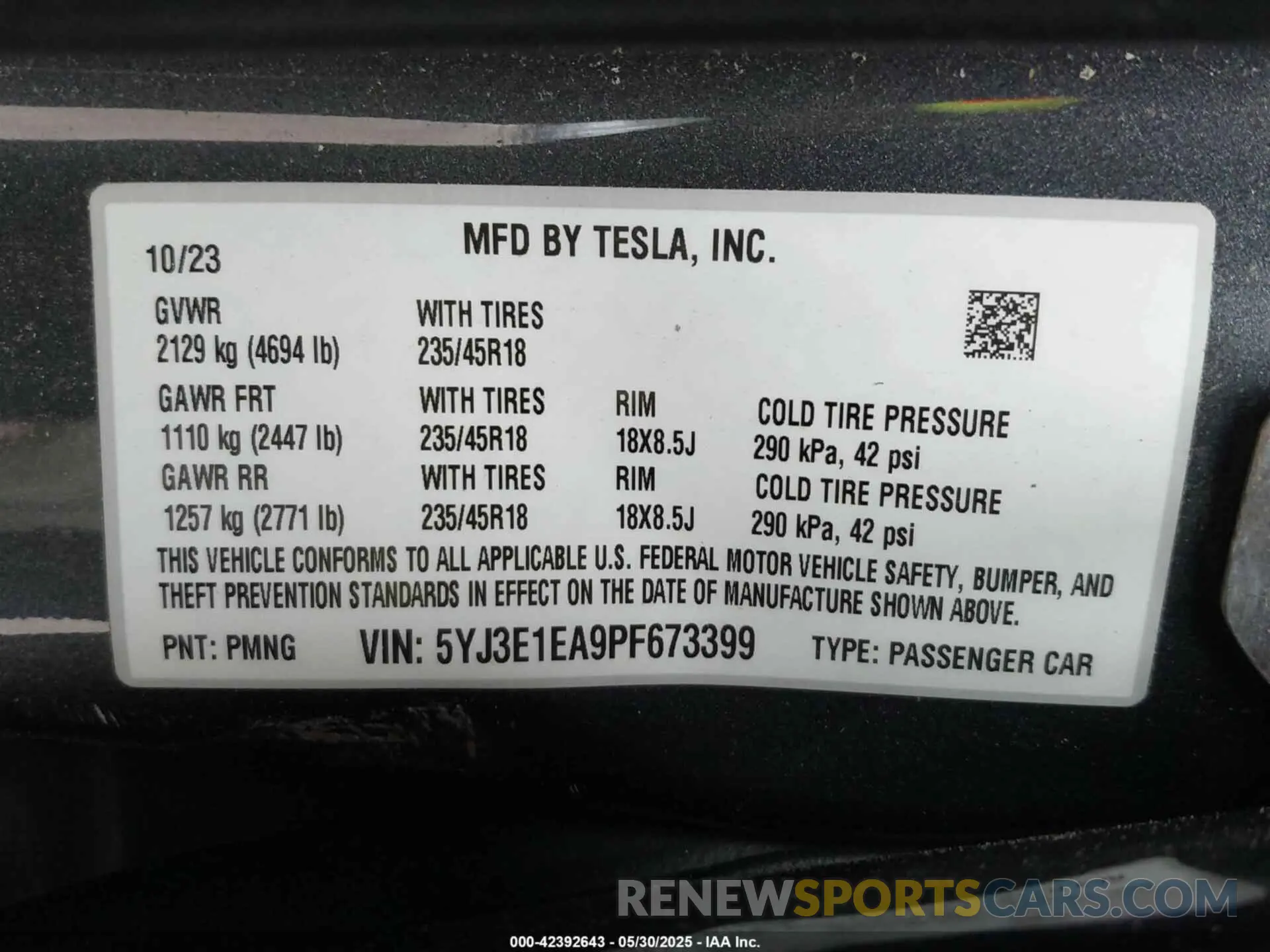 9 fotografías del automóvil dañado 5YJ3E1EA9PF673399 TESLA MODEL 3 2023