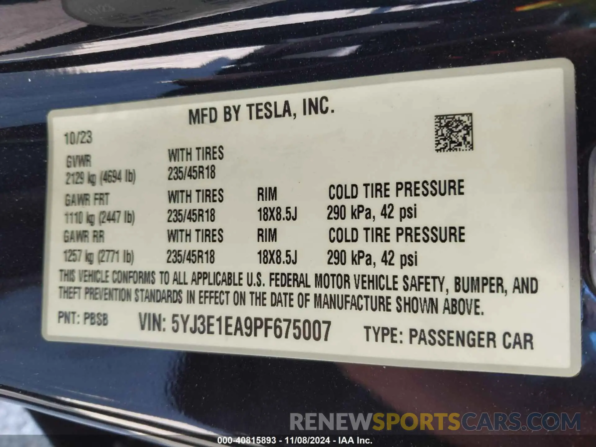 9 fotografías del automóvil dañado 5YJ3E1EA9PF675007 TESLA MODEL 3 2023