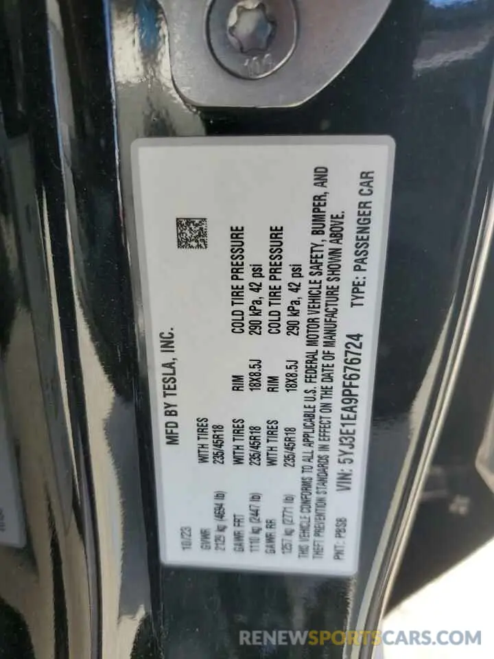 14 fotografías del automóvil dañado 5YJ3E1EA9PF676724 TESLA MODEL 3 2023
