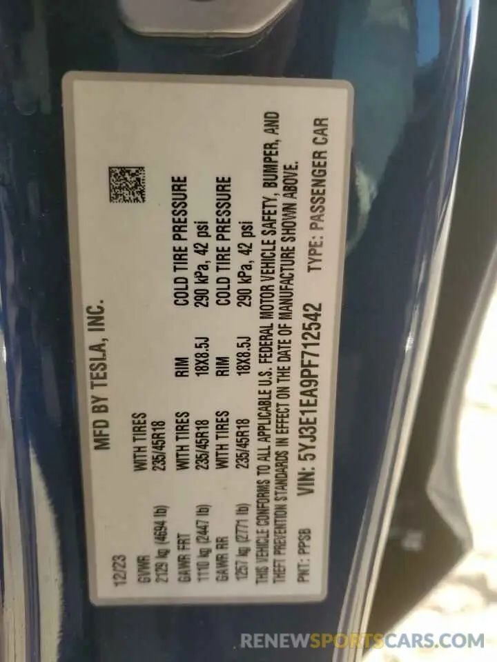 12 fotografías del automóvil dañado 5YJ3E1EA9PF712542 TESLA MODEL 3 2023